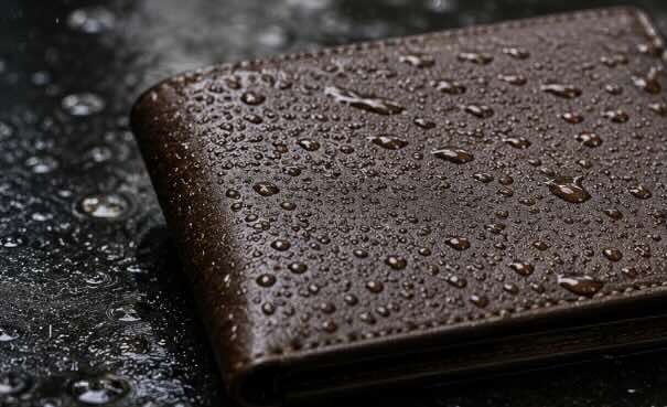 billfold leather wallet with coin pocket and money clip in the rain