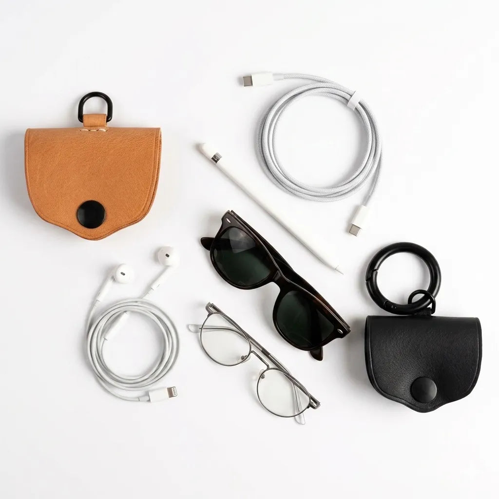 Assomma full-grain leather earphone cases (Ember Natural/Matte Black) with D-ring and round clasp. Flat lay on a white background with a braided cable, Apple Pencil, and earphones, showing a minimalist EDC industrial aesthetic